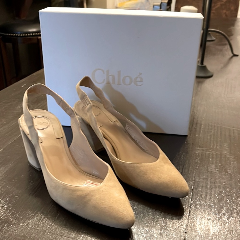 Chloe Sling Back Chunky Heel Pumps - Beige Size 9